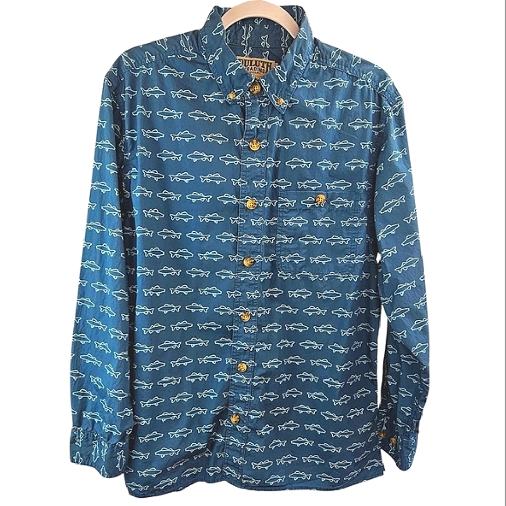 Duluth Trading Co Blue Casual Button Down Shirt Nautical Fish Design